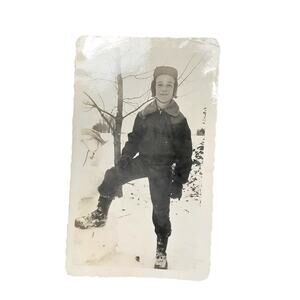 Vtg Boy Posing in Snow Monochrome Photography Found Snapshot B&W Portrait